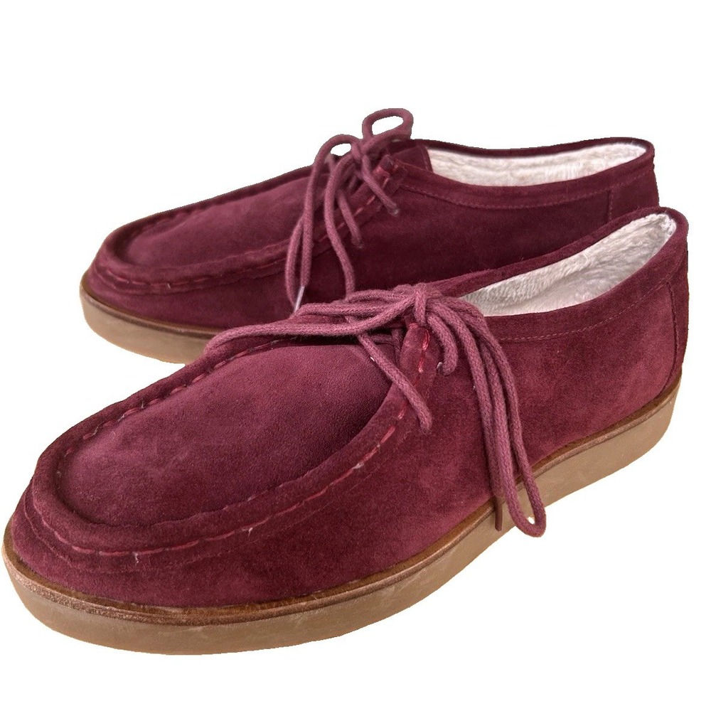 THE GREAT. The Moc Burgundy Suede Shearling Lined Moccasin Shoes 8.5 Brazil
